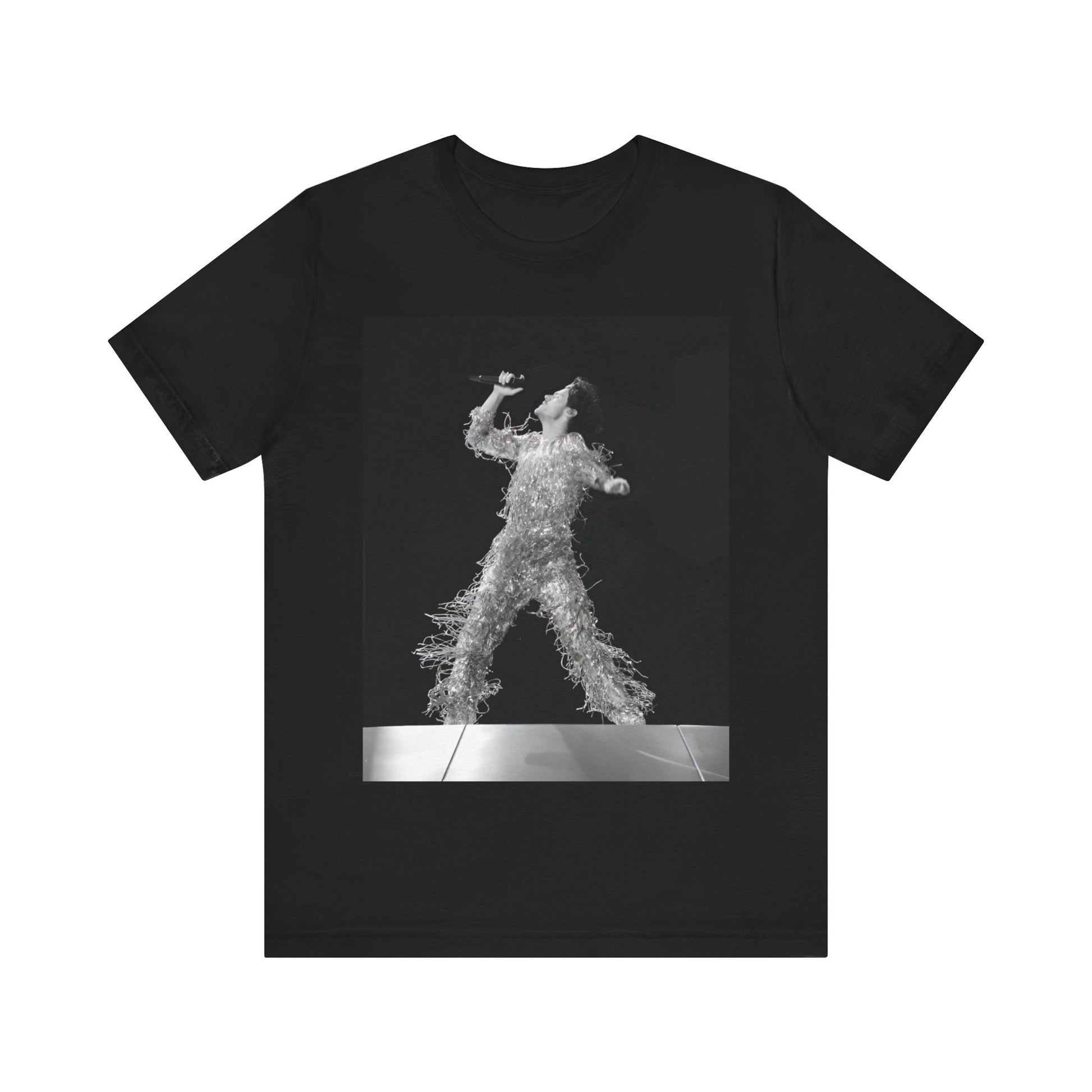 A black graphic t-shirt featuring a boxy pop aesthetic graphic of Harry Styles.