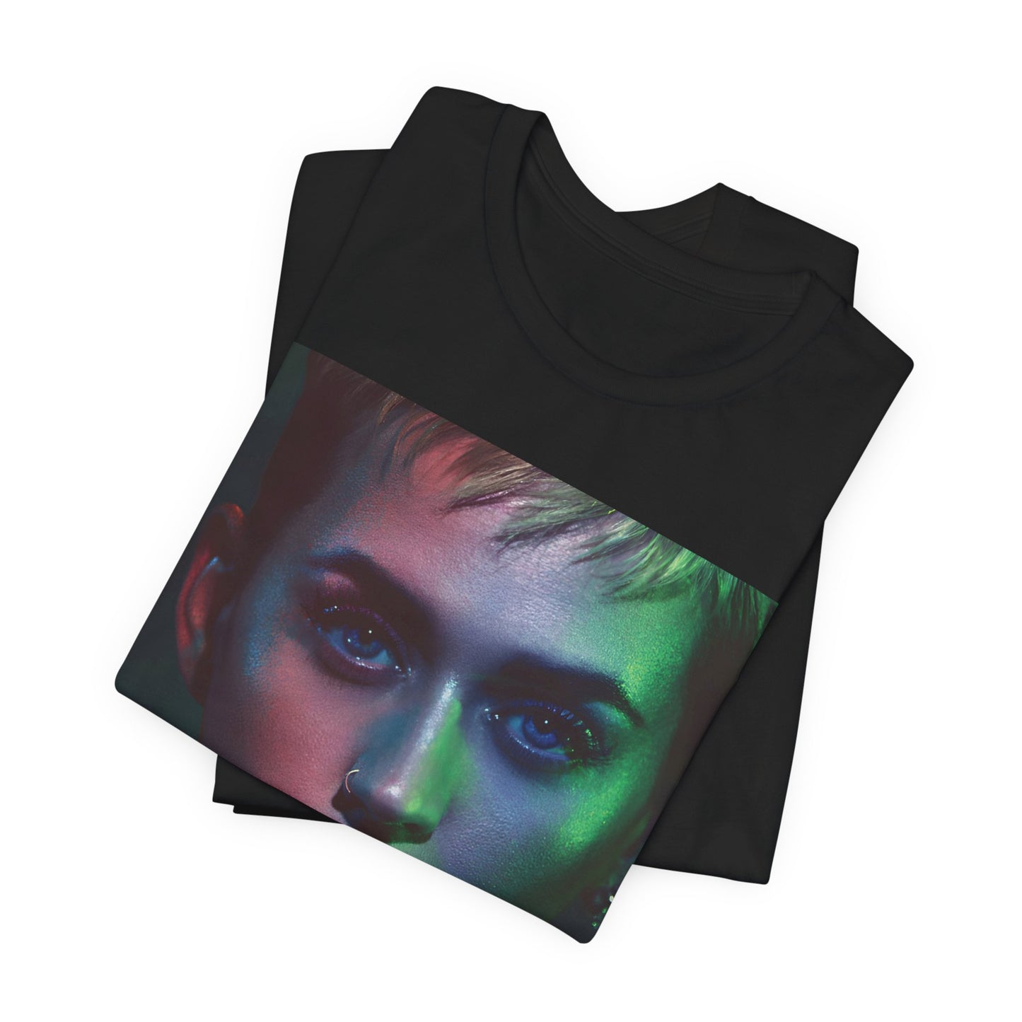 A black graphic t-shirt featuring a neon aesthetic graphic of Katy Perry.