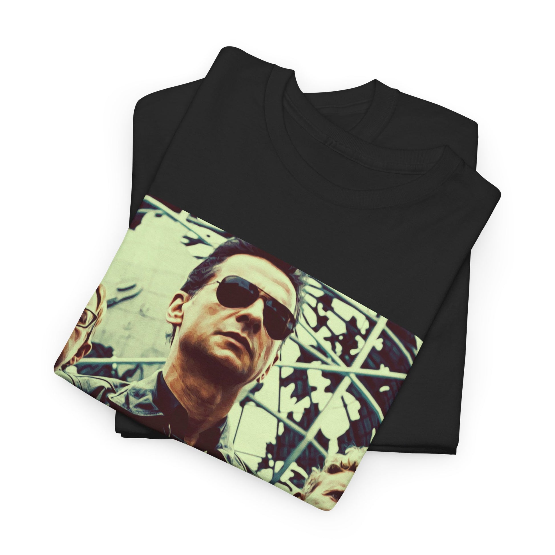 A black graphic t-shirt featuring a graphic of Depeche Mode as synth-pop pioneers.