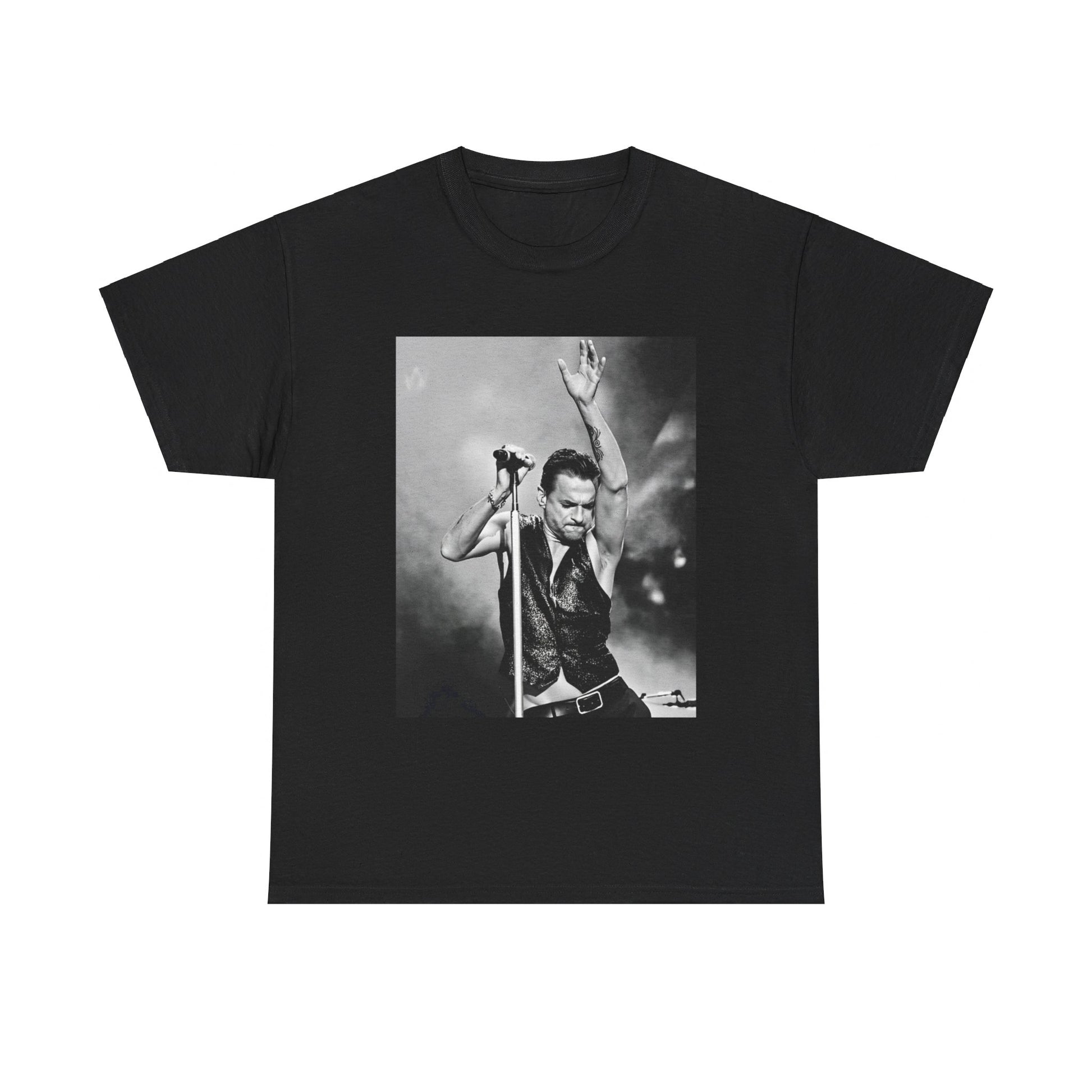 A black graphic t-shirt featuring a graphic or photo of Depeche Mode performing live on stage from the 'Personal Jesus' era.