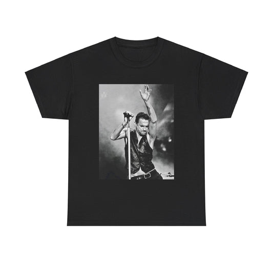 A black graphic t-shirt featuring a graphic or photo of Depeche Mode performing live on stage from the 'Personal Jesus' era.
