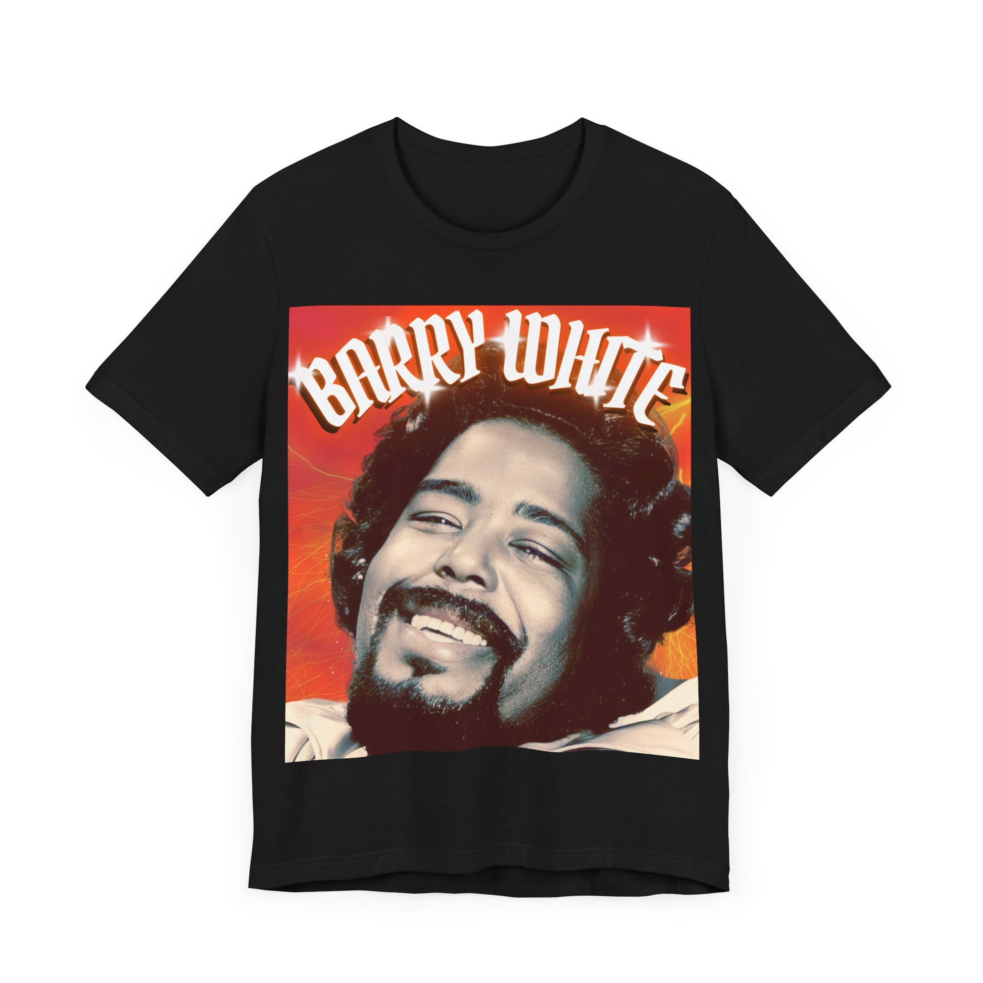 A black graphic t-shirt featuring a graphic of Barry White, emphasizing his iconic soulful presence from the 1970s.