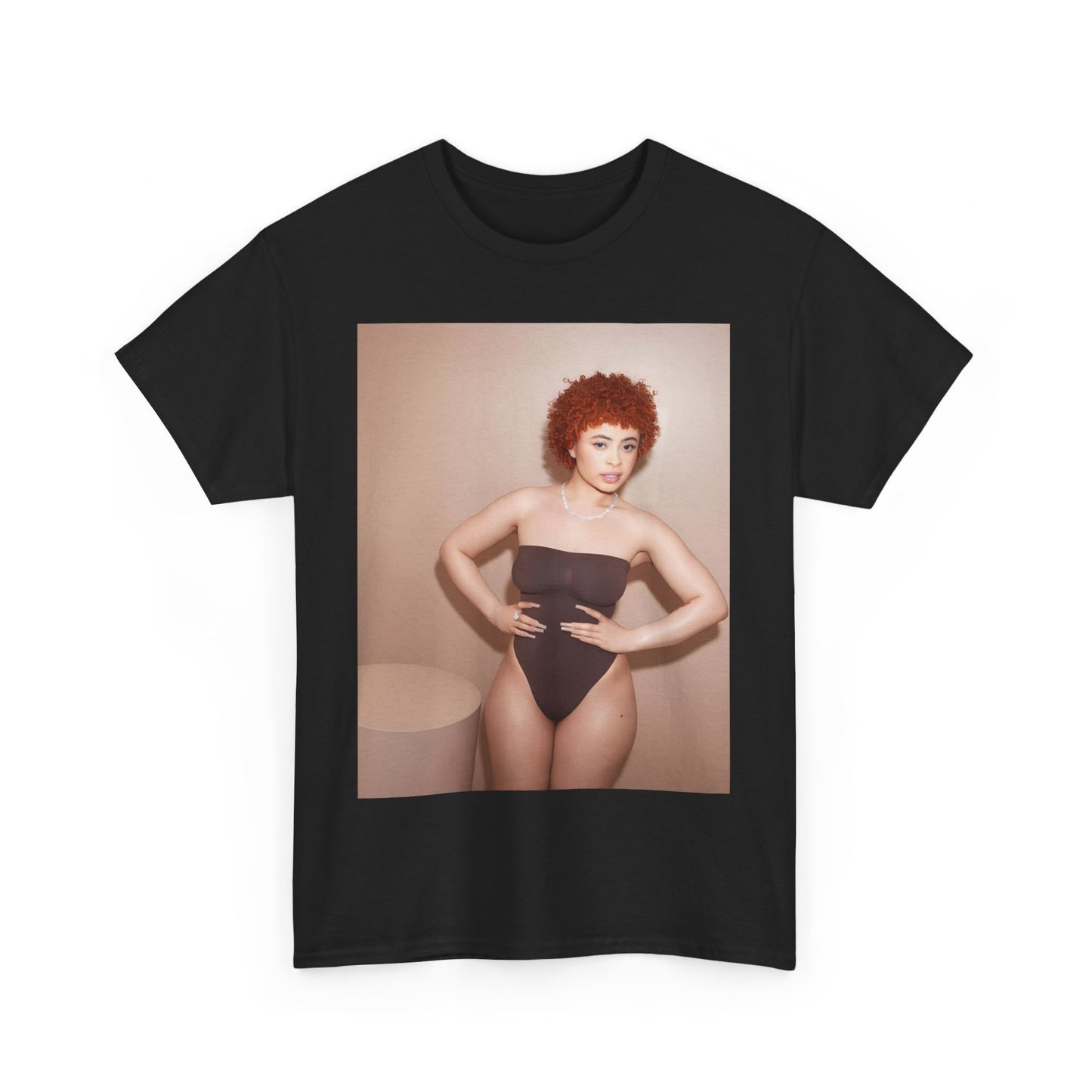 A black graphic t-shirt featuring a graphic of Ice Spice with her curly hair, emphasizing her iconic fashion status.