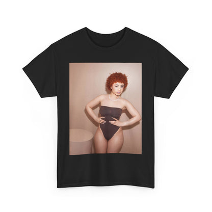 A black graphic t-shirt featuring a graphic of Ice Spice with her curly hair, emphasizing her iconic fashion status.