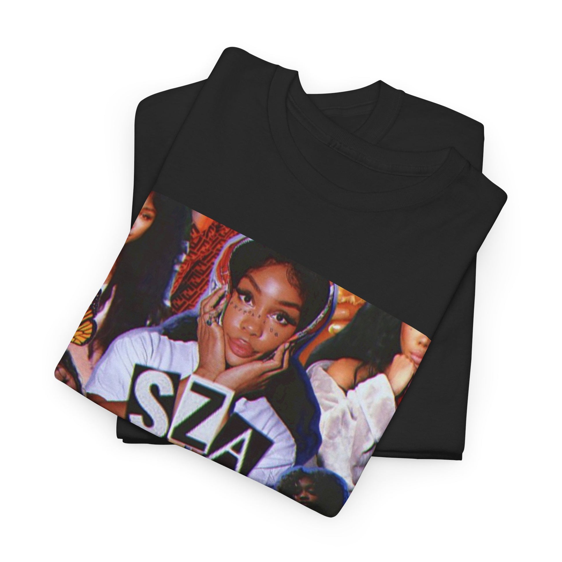 A black graphic t-shirt featuring a bootleg graphic of SZA.