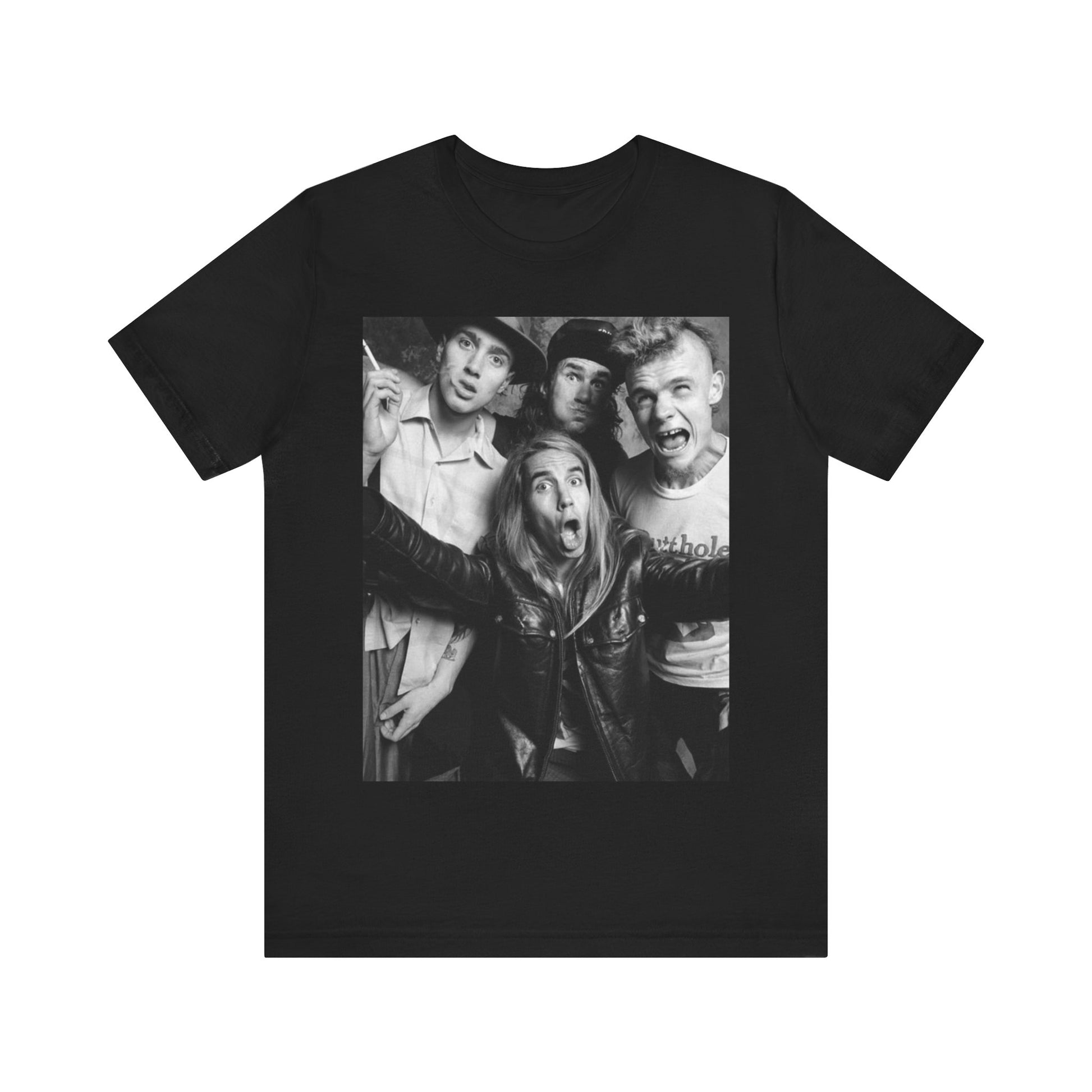 A black graphic t-shirt featuring an early days energy graphic of Red Hot Chili Peppers.