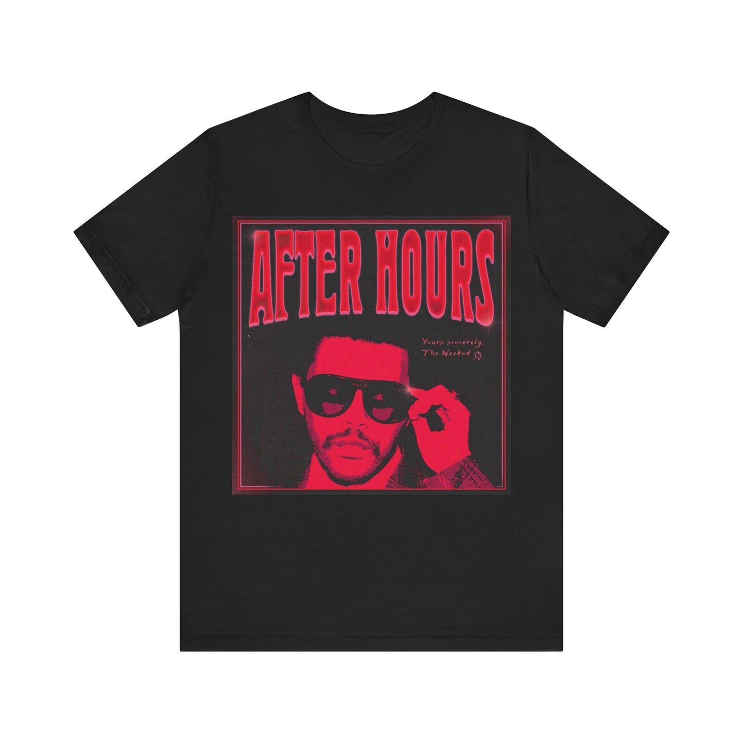 A black graphic t-shirt featuring a retro graphic related to The Weeknd's 'After Hours' album.