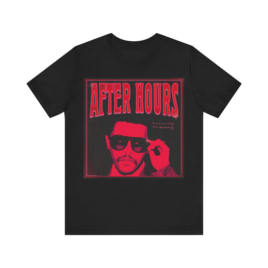 A black graphic t-shirt featuring a retro graphic related to The Weeknd's 'After Hours' album.