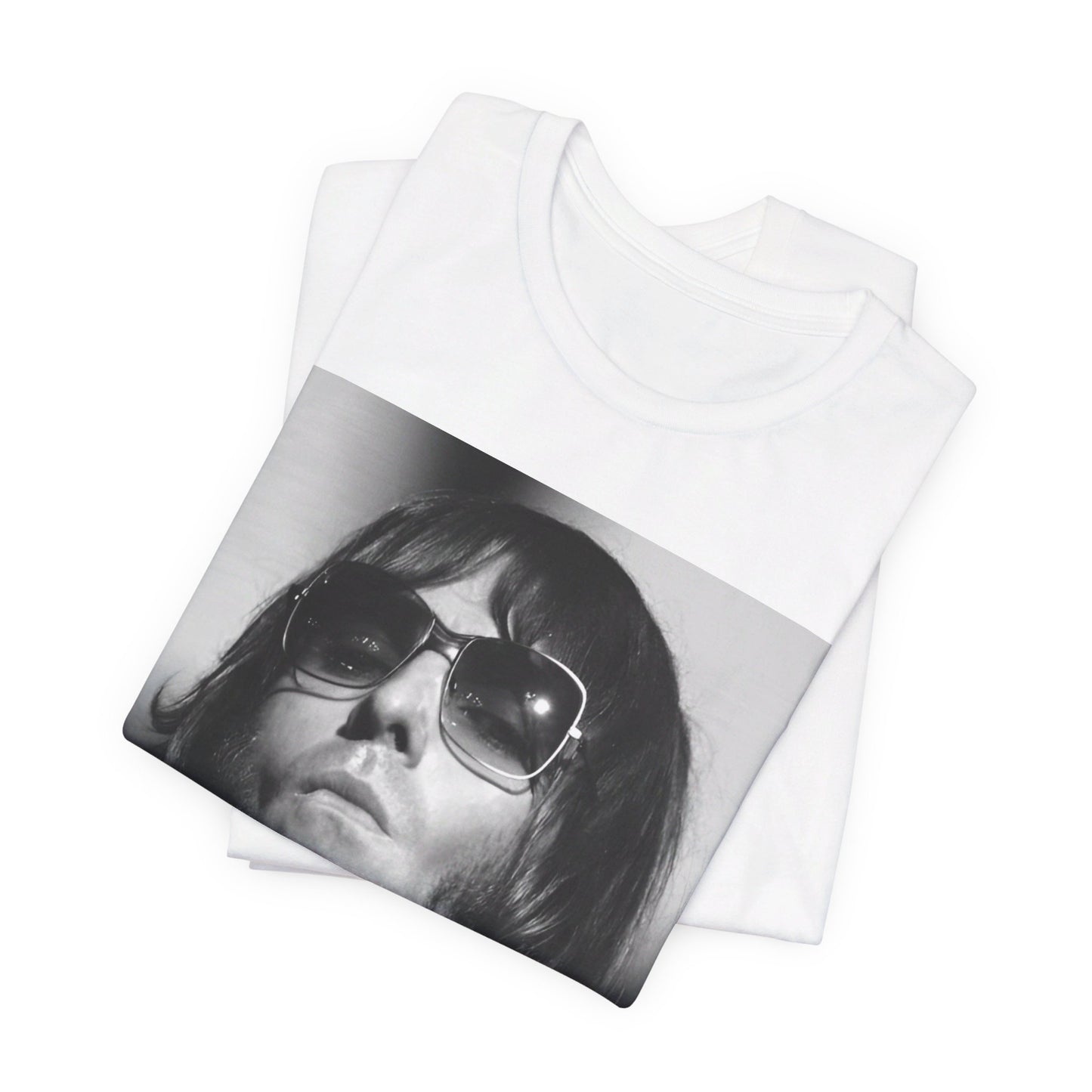 A black graphic t-shirt featuring a graphic of Liam Gallagher from Oasis related to the 'Morning Glory' album era.