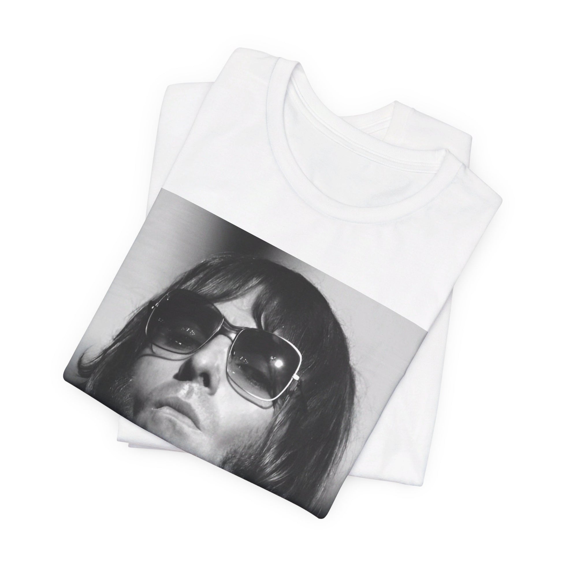 A black graphic t-shirt featuring a graphic of Liam Gallagher from Oasis related to the 'Morning Glory' album era.