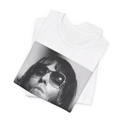 A black graphic t-shirt featuring a graphic of Liam Gallagher from Oasis related to the 'Morning Glory' album era.