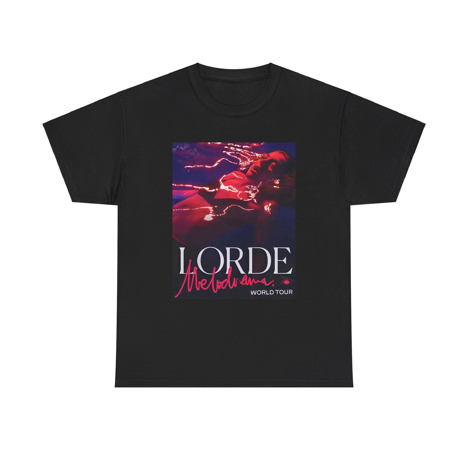 A black graphic t-shirt featuring a graphic related to Lorde's 'Melodrama' World Tour.