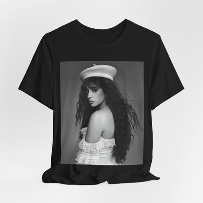 A black graphic t-shirt featuring a black and white graphic of Camila Cabello as a fierce Latina pop star.