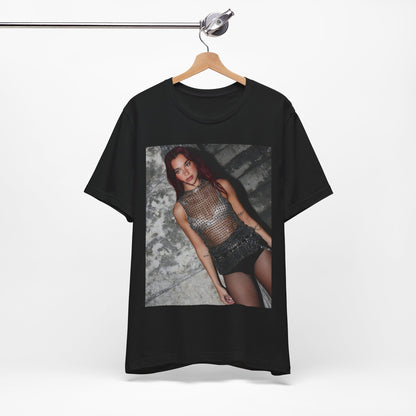 A black graphic t-shirt featuring a graphic of Dua Lipa as a disco queen, with an aesthetic design.