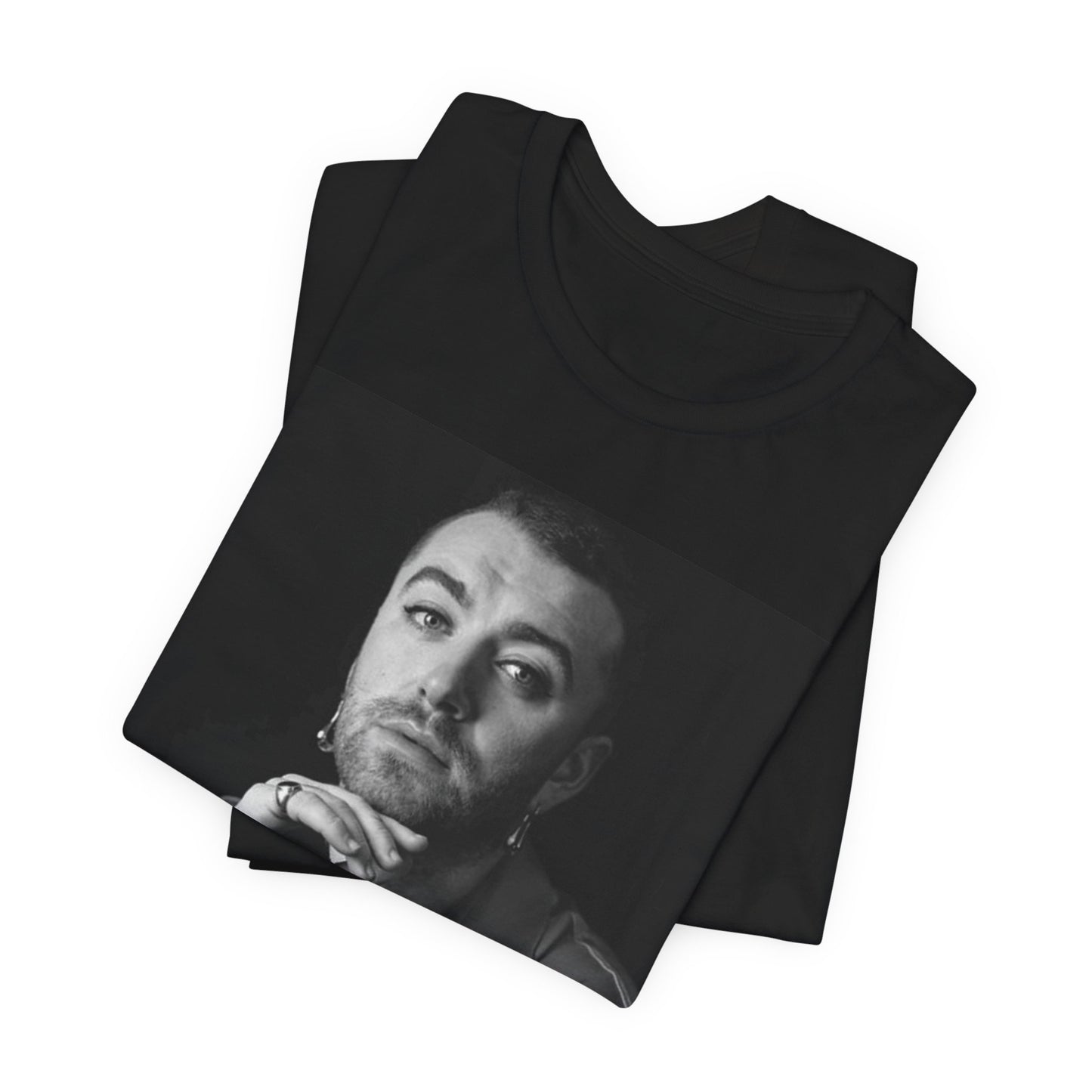 A black graphic t-shirt featuring a black and white portrait photo of Sam Smith.