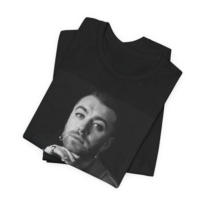 A black graphic t-shirt featuring a black and white portrait photo of Sam Smith.