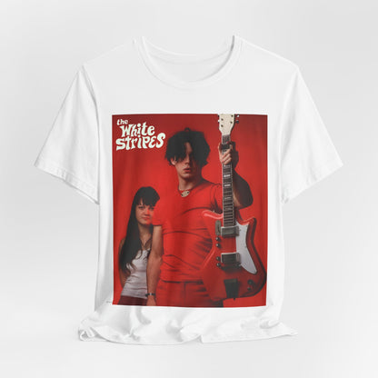 A black graphic t-shirt featuring a vintage garage rock graphic of The White Stripes.