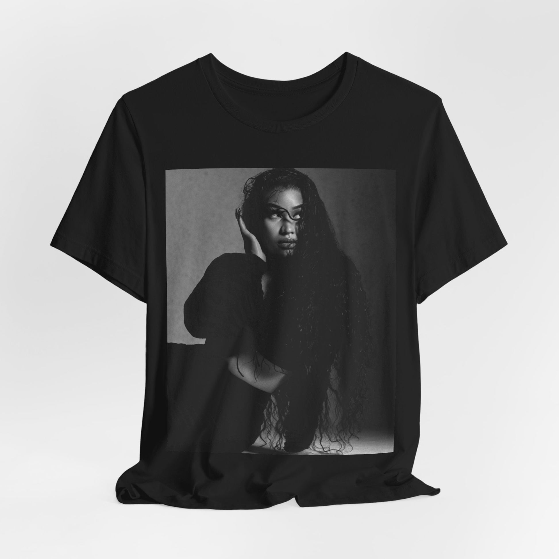 A black graphic t-shirt featuring a black and white graphic or photo of Nicki Minaj as a glamour queen.