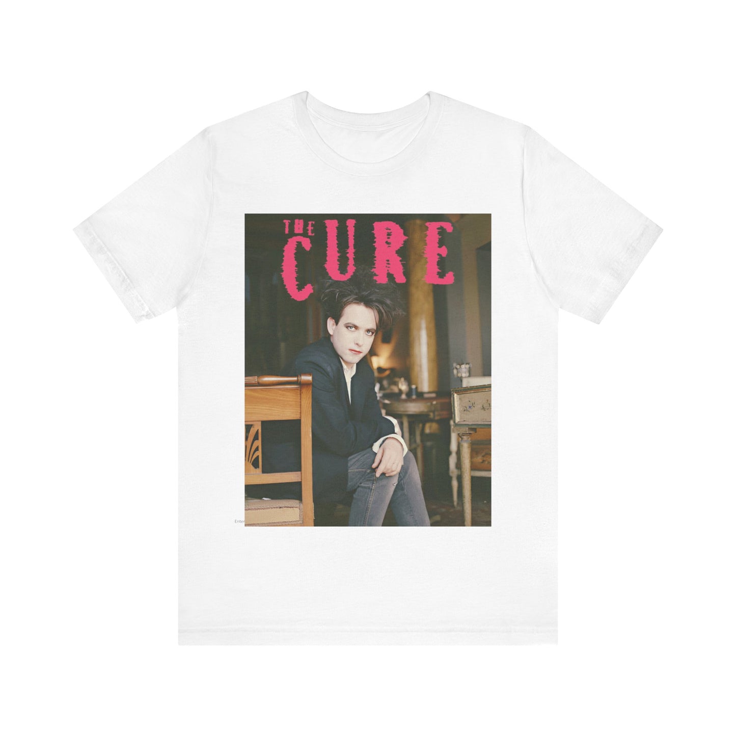 A black graphic t-shirt featuring a retro graphic related to The Cure's 'Disintegration' album era.