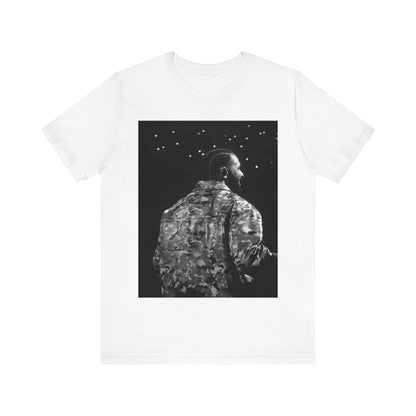 A black graphic t-shirt featuring a black and white graphic or photo of Drake performing live on stage.