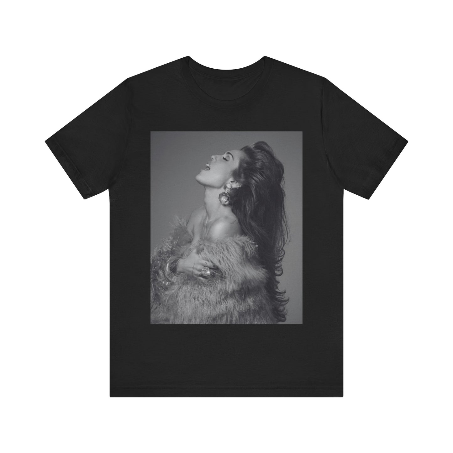 A black graphic t-shirt featuring a black and white portrait photo of Miley Cyrus.