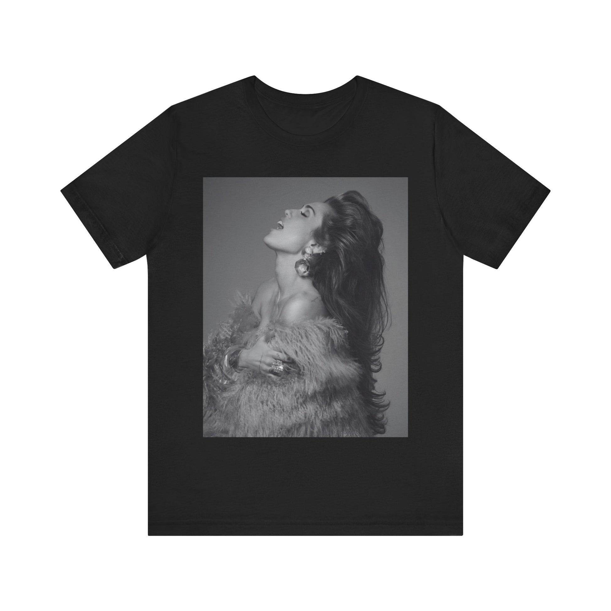 A black graphic t-shirt featuring a black and white portrait photo of Miley Cyrus.