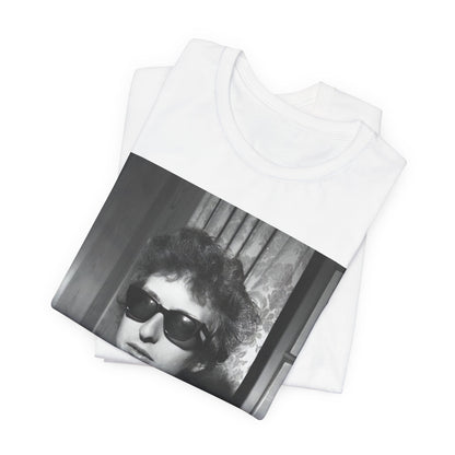 A black graphic t-shirt featuring a graphic related to Bob Dylan's 'The Freewheelin' album era.