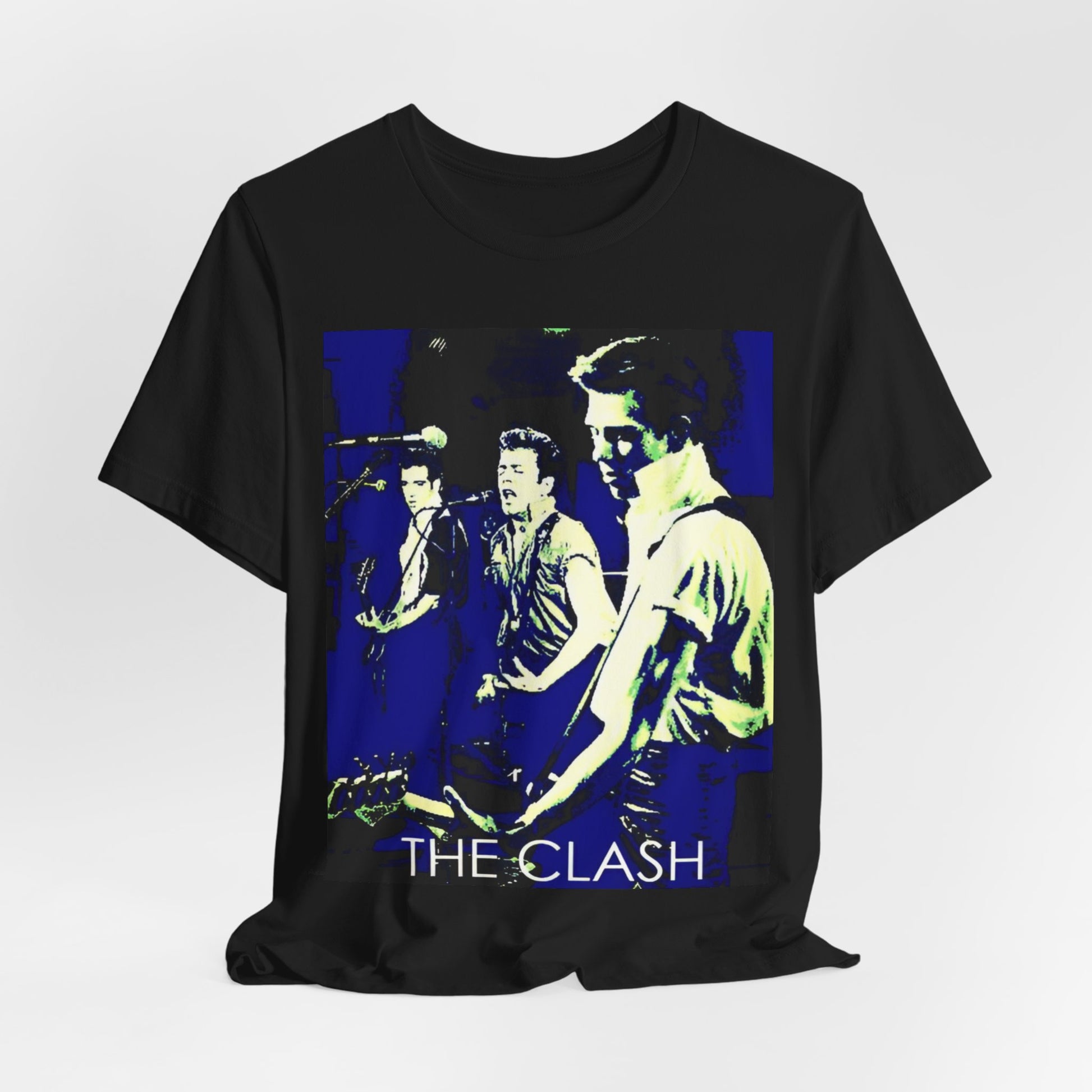 A black graphic t-shirt featuring a 70s aesthetic punk rock graphic of The Clash.