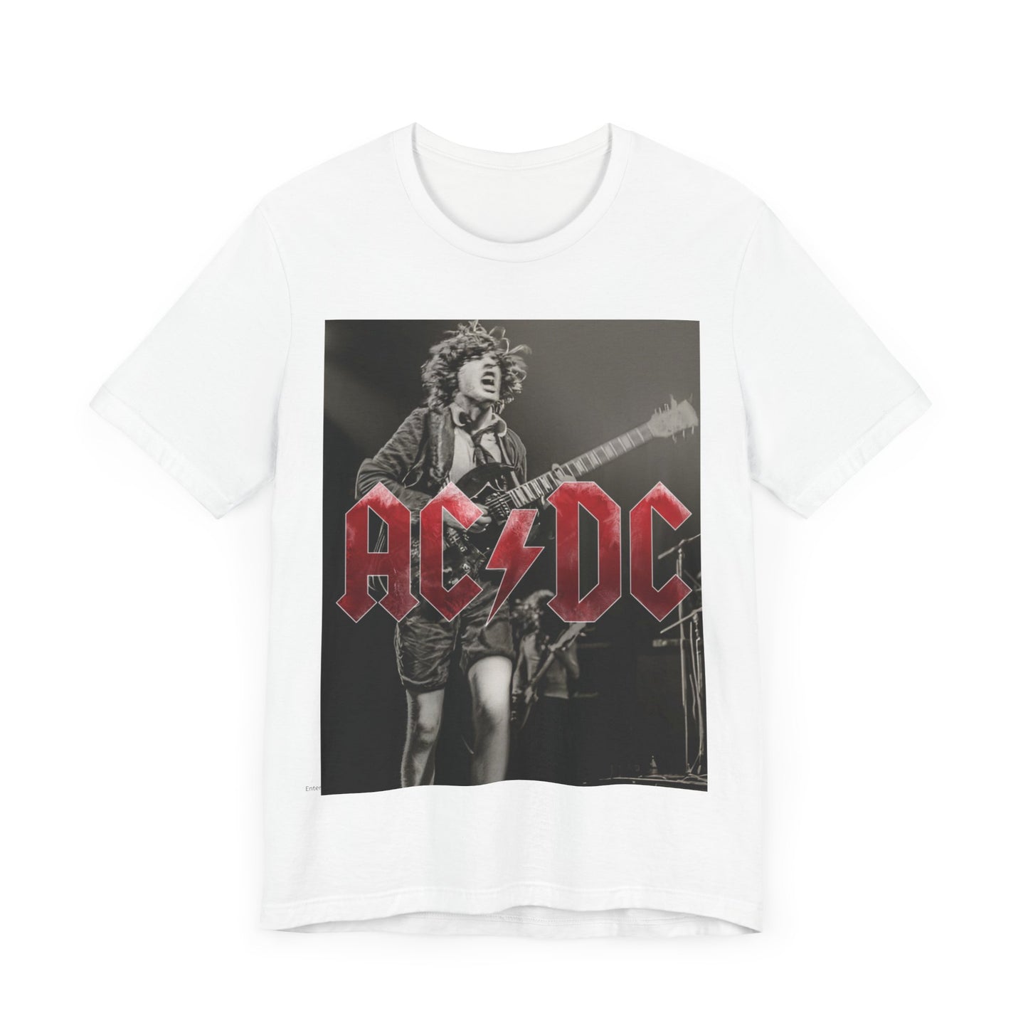 A black graphic t-shirt featuring the AC/DC logo with a dynamic image of Angus Young playing guitar, evoking the phrase 'Feel the Thunder'.