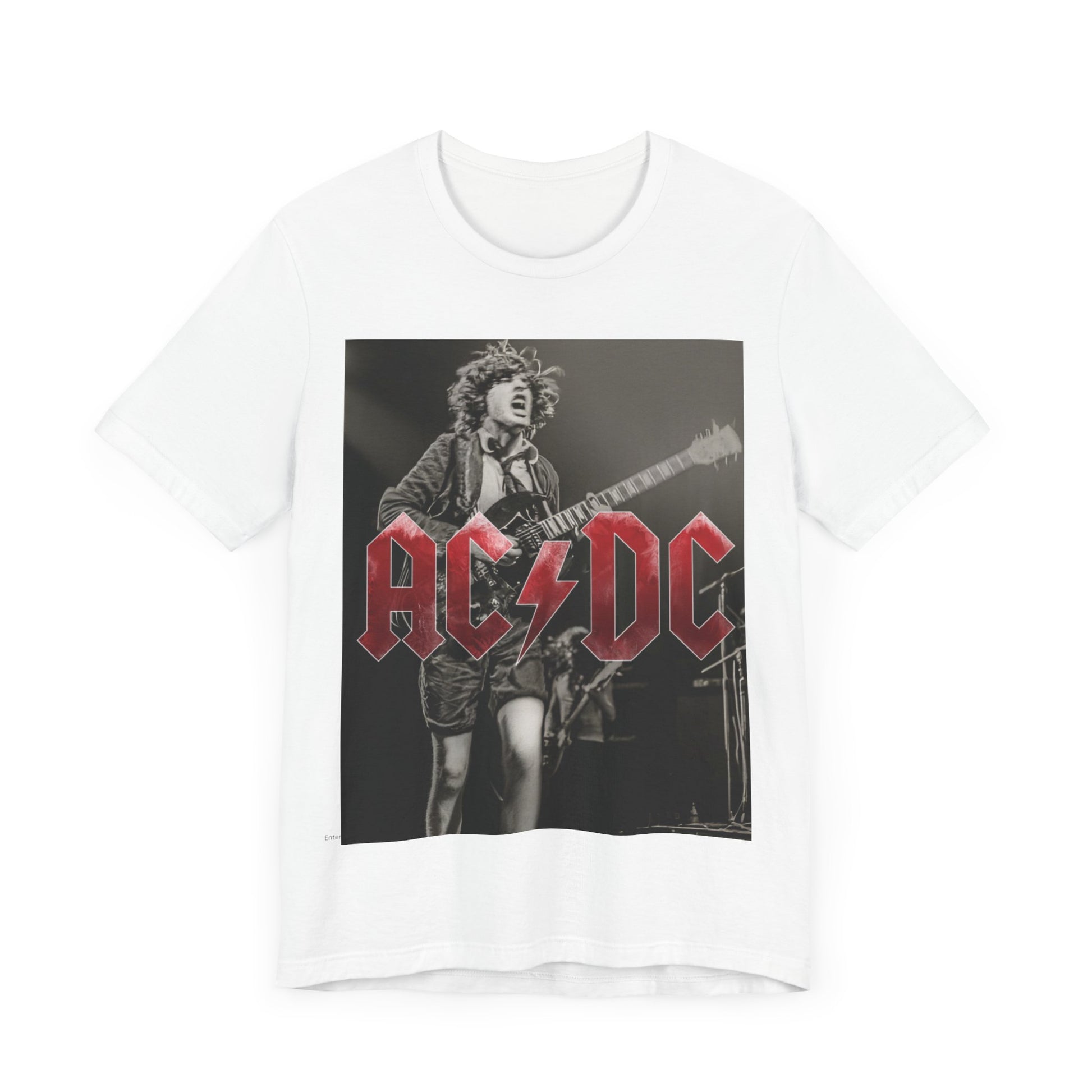 A black graphic t-shirt featuring the AC/DC logo with a dynamic image of Angus Young playing guitar, evoking the phrase 'Feel the Thunder'.