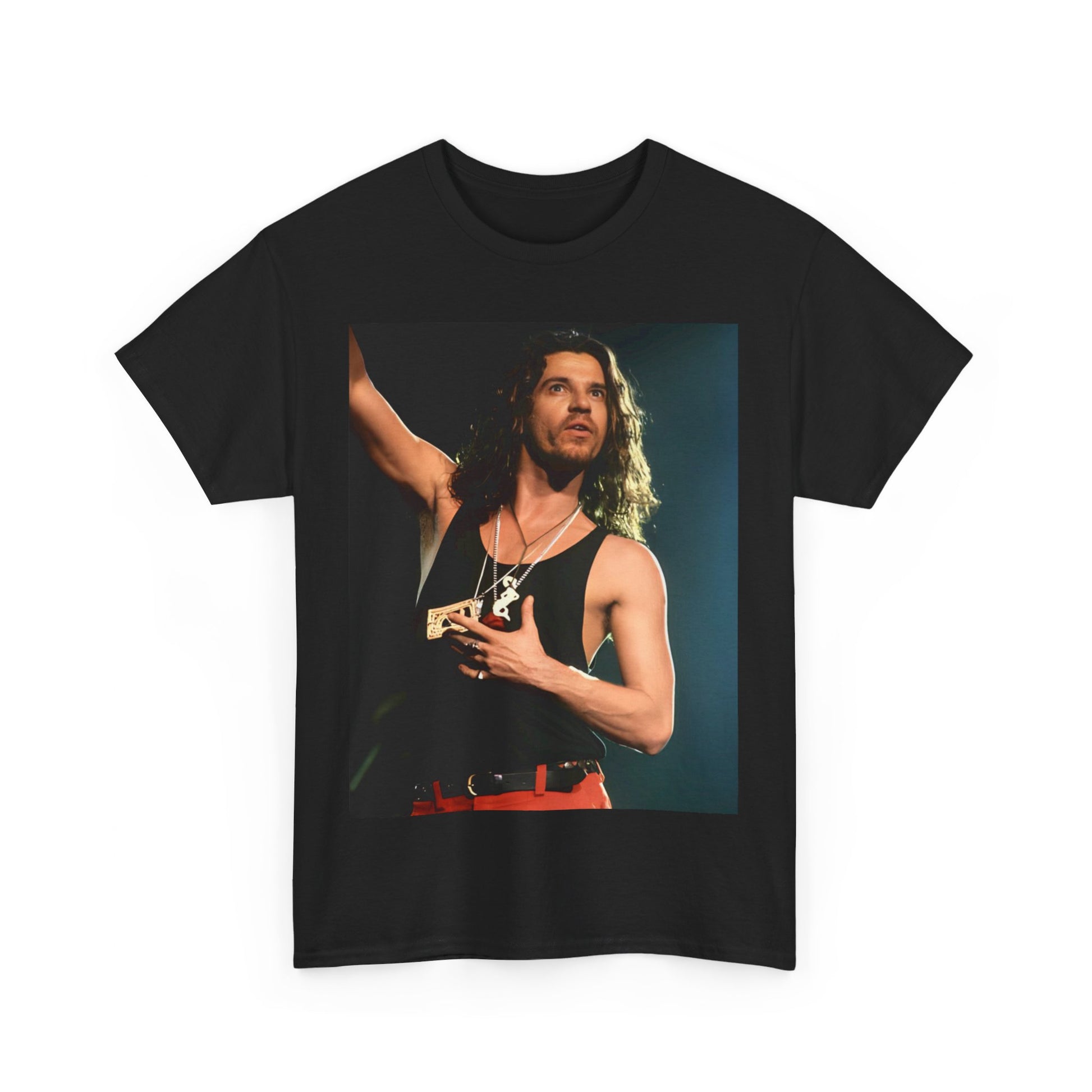 A black graphic t-shirt featuring a vintage 80s new wave graphic of INXS.