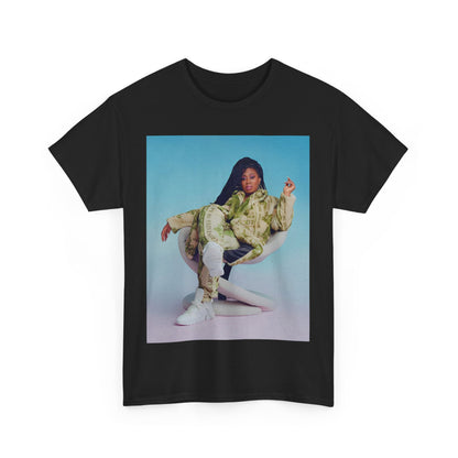 A black graphic t-shirt featuring a vintage graphic related to Missy Elliott's 'Work It' song or era.