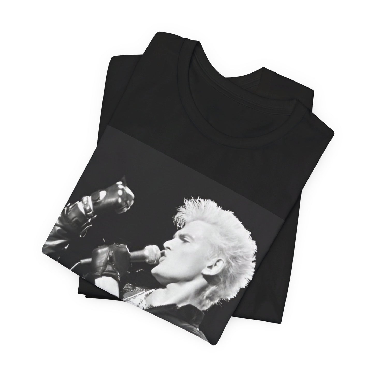 A black graphic t-shirt featuring an iconic 80s black and white concert graphic of Billy Idol performing live on stage.