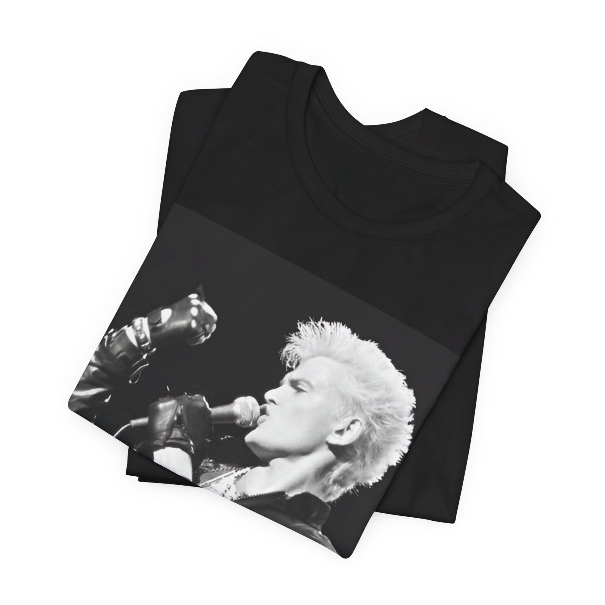 A black graphic t-shirt featuring an iconic 80s black and white concert graphic of Billy Idol performing live on stage.