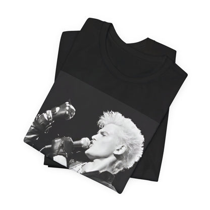 A black graphic t-shirt featuring an iconic 80s black and white concert graphic of Billy Idol performing live on stage.