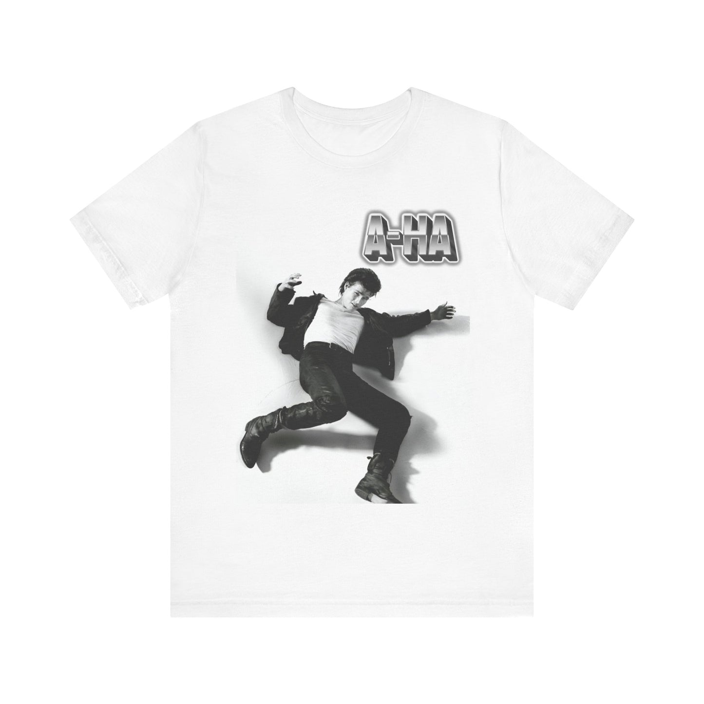 A black graphic t-shirt featuring a photo of the band A-HA, styled to evoke their "Take On Me" music video from the 1980s.n.