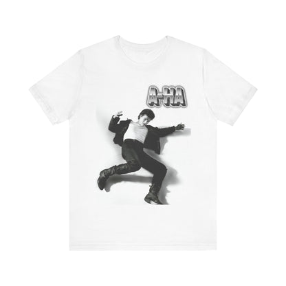 A black graphic t-shirt featuring a photo of the band A-HA, styled to evoke their "Take On Me" music video from the 1980s.n.