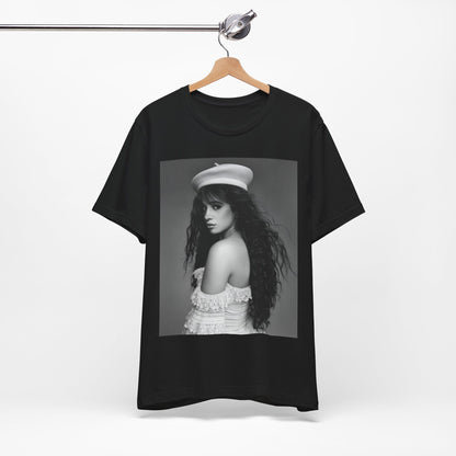 A black graphic t-shirt featuring a black and white graphic of Camila Cabello as a fierce Latina pop star.
