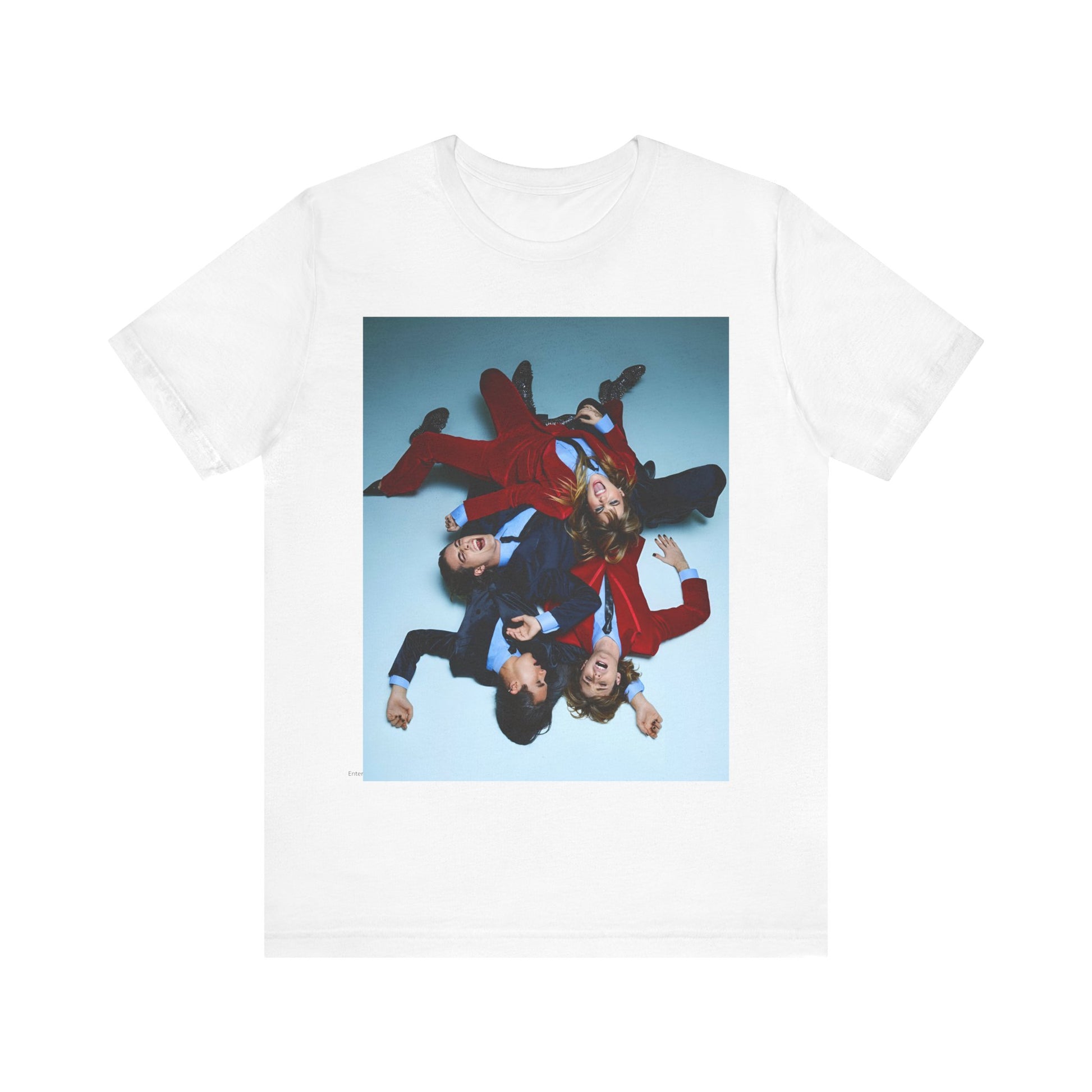 A black graphic t-shirt featuring a graphic of Maneskin in a 70s rock style aesthetic.