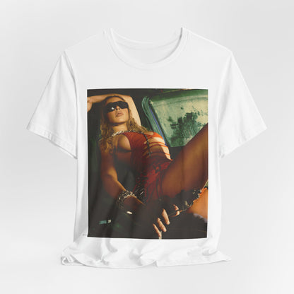 A black graphic t-shirt featuring a graphic of Tinashe as a hot R&B superstar.