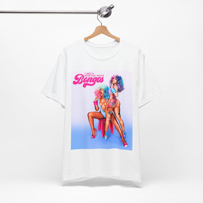 A black graphic t-shirt featuring the single artwork for Cardi B's song "Bongos."