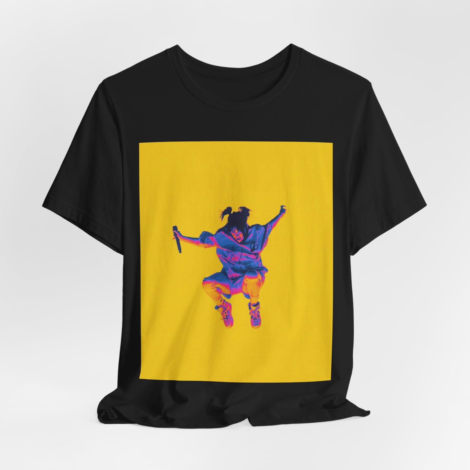 A stylized graphic of Billie Eilish jumping in the air with a microphone, rendered with psychedelic thermal colors against a solid yellow background.