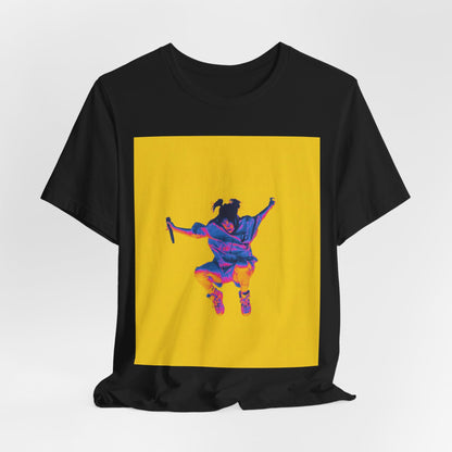 A stylized graphic of Billie Eilish jumping in the air with a microphone, rendered with psychedelic thermal colors against a solid yellow background.