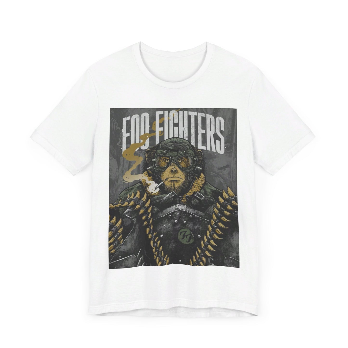 A black graphic t-shirt featuring an aesthetic graphic of a monkey related to Foo Fighters.