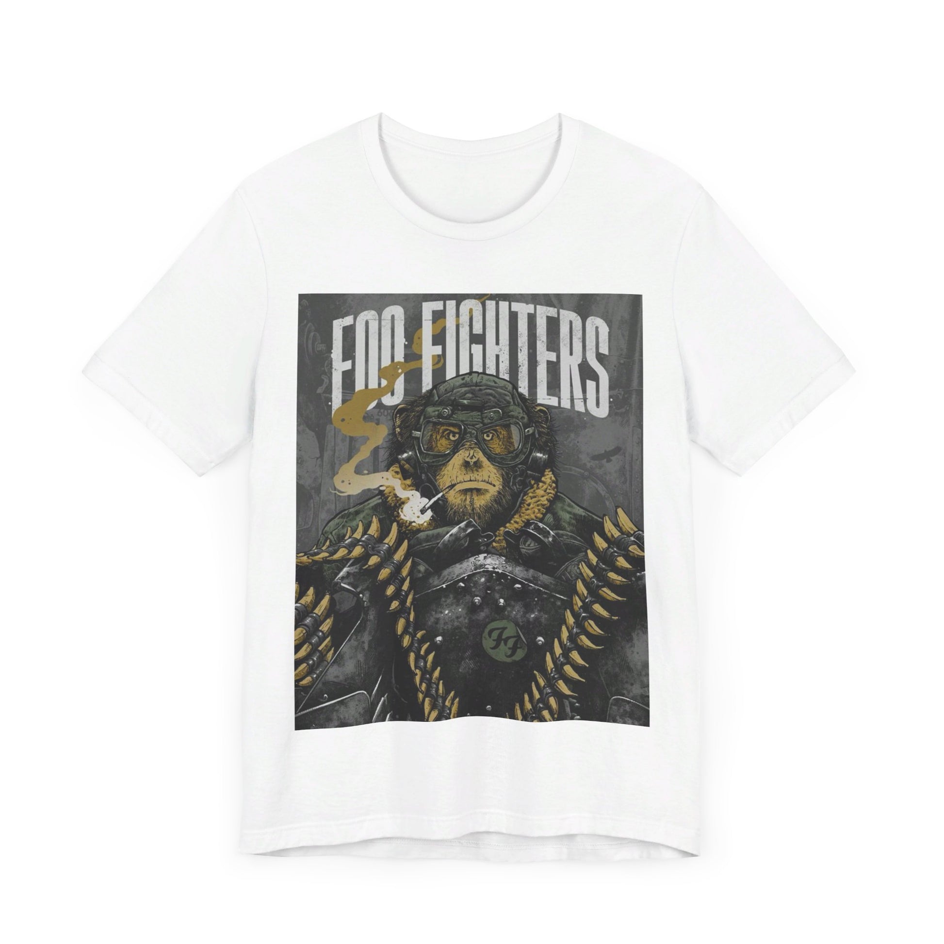 A black graphic t-shirt featuring an aesthetic graphic of a monkey related to Foo Fighters.