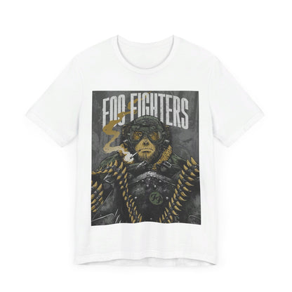 A black graphic t-shirt featuring an aesthetic graphic of a monkey related to Foo Fighters.