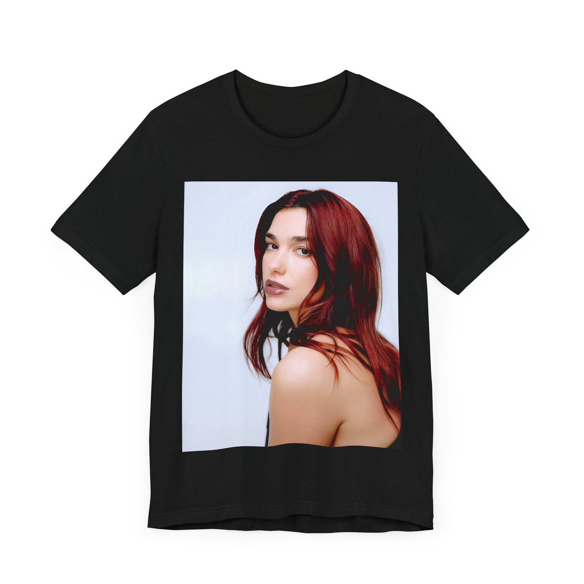 A black graphic t-shirt featuring a retro graphic inspired by Dua Lipa's "Don't Start Now" song.