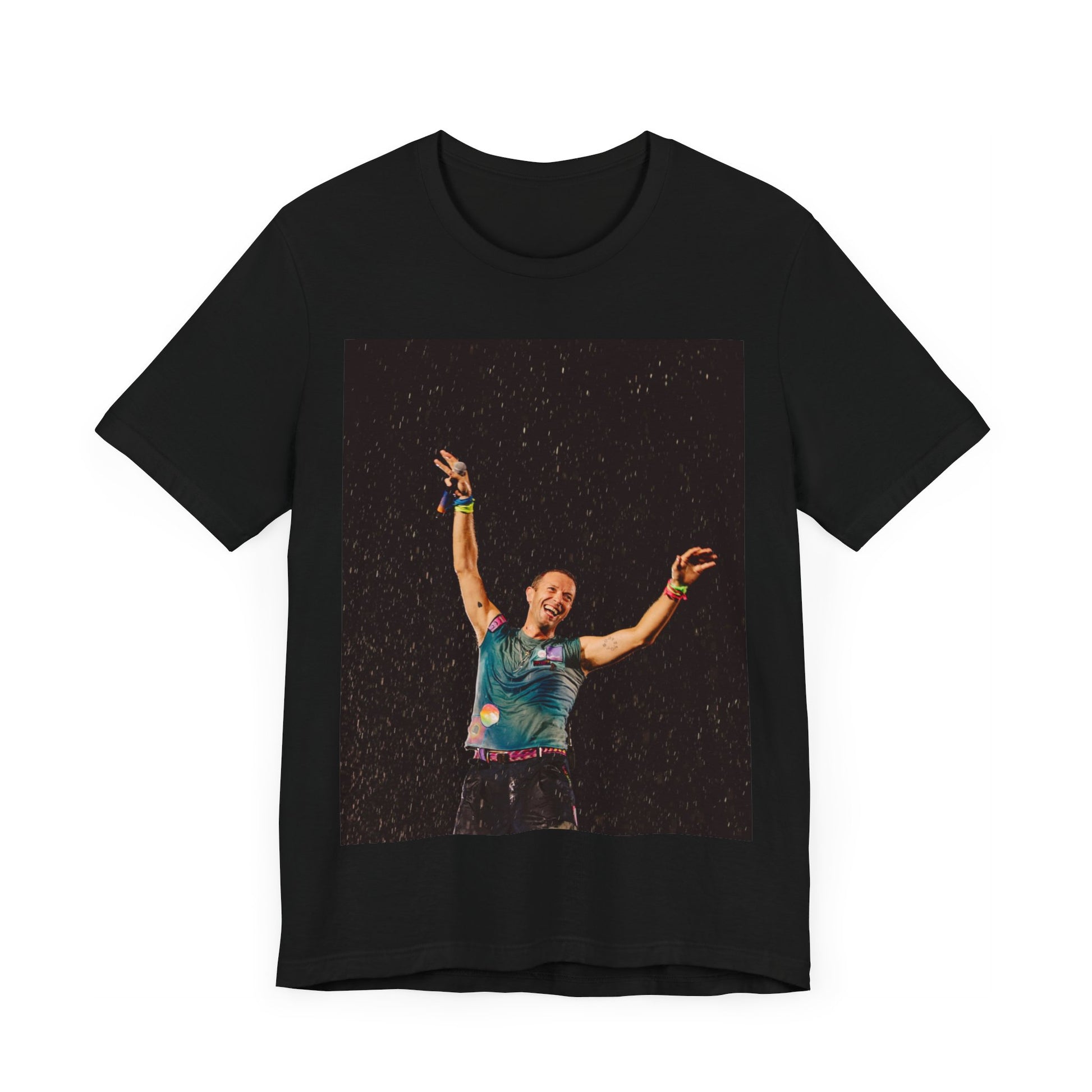 A black graphic t-shirt featuring a graphic related to Coldplay's song 'Fix You'.