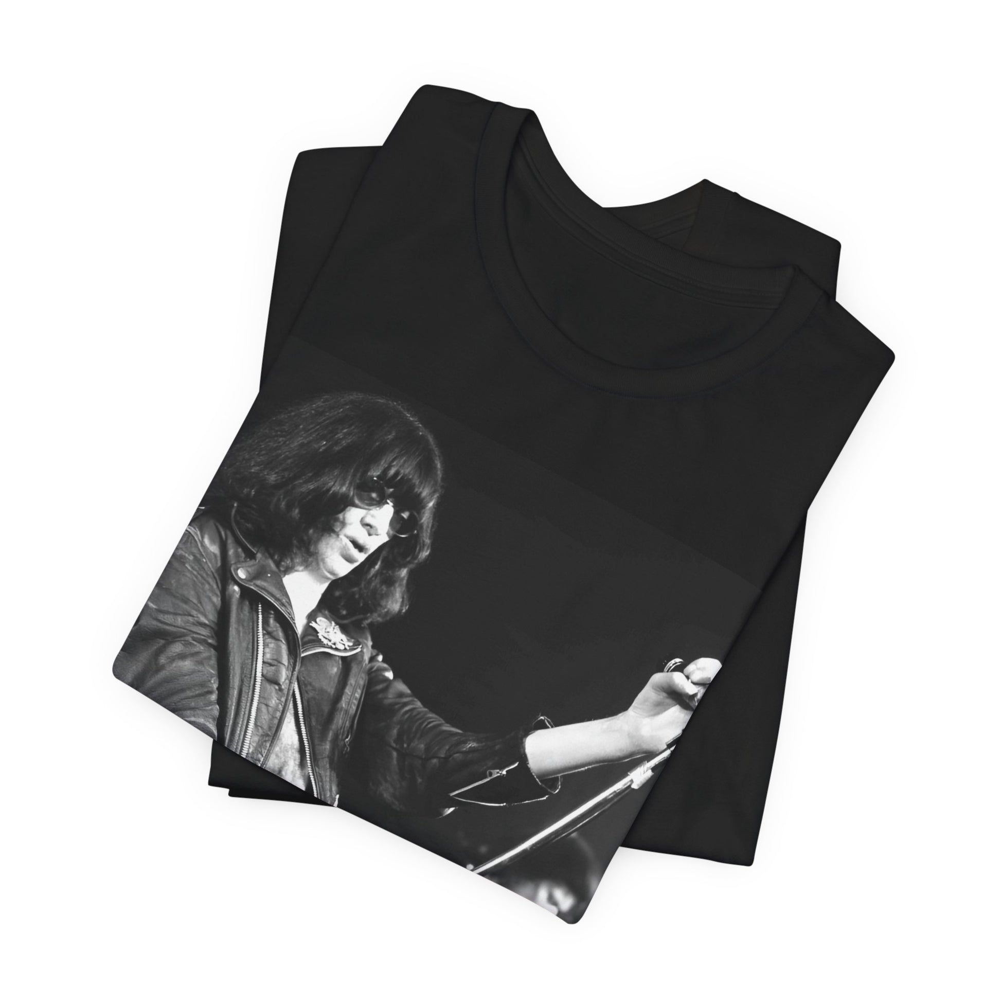 A black graphic t-shirt featuring a graphic of Joey Ramone from Ramones as the Godfather of Punk.