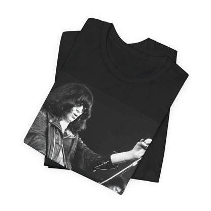 A black graphic t-shirt featuring a graphic of Joey Ramone from Ramones as the Godfather of Punk.